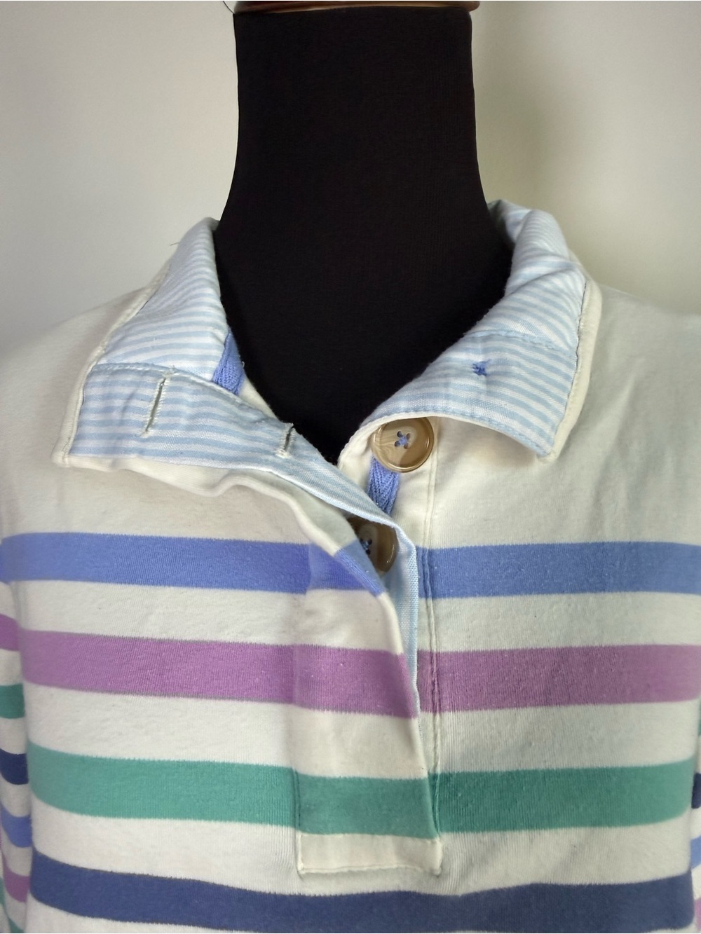 Vintage Pastel Stripe Polo Top Coastal Preppy Golf Long Sleeve M - Picture 3 of 8